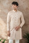 Shop_Arihant Rai Sinha_Pink Woven Jacquard Semi Indo Sherwani Set _Online_at_Aza_Fashions