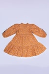 Shop_Petite Pomme_Mustard Cotton Pom-poms Floral Print Frock_at_Aza_Fashions