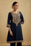 Buy_Mehak Murpana_Navy Silk, Chanderi Embroidery Round Neck Blue Kurta Set _Online_at_Aza_Fashions