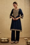 Buy_Mehak Murpana_Navy Silk, Chanderi Embroidery Round Neck Blue Kurta Set _at_Aza_Fashions