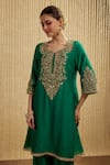 Buy_Mehak Murpana_Peach Silk, Chanderi Embroidery Round Neck Peacock Green Kurta Set _Online_at_Aza_Fashions