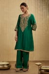Buy_Mehak Murpana_Peach Silk, Chanderi Embroidery Round Neck Peacock Green Kurta Set _at_Aza_Fashions