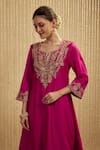 Buy_Mehak Murpana_Pink Silk, Chanderi Embroidery Round Neck Hot Kurta Set _Online_at_Aza_Fashions