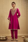 Buy_Mehak Murpana_Pink Silk, Chanderi Embroidery Round Neck Hot Kurta Set _at_Aza_Fashions