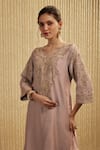 Mehak Murpana_Mauve Silk, Chanderi Embroidery Round Neck Pink Kurta Pant Set _Online_at_Aza_Fashions