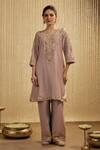 Buy_Mehak Murpana_Mauve Silk, Chanderi Embroidery Round Neck Pink Kurta Pant Set _at_Aza_Fashions