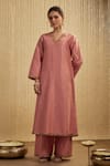 Buy_Mehak Murpana_Coral Silk Embroidery V-neck Pink Designer Kurta Set _at_Aza_Fashions