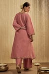 Shop_Mehak Murpana_Coral Silk Embroidery V-neck Pink Designer Kurta Set _at_Aza_Fashions