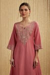 Buy_Mehak Murpana_Coral Silk, Chanderi Embroidery Split V-neck Pink Kurta Set _Online_at_Aza_Fashions