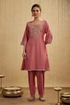 Buy_Mehak Murpana_Coral Silk, Chanderi Embroidery Split V-neck Pink Kurta Set _at_Aza_Fashions
