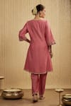 Shop_Mehak Murpana_Coral Silk, Chanderi Embroidery Split V-neck Pink Kurta Set _at_Aza_Fashions