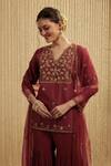 Buy_Mehak Murpana_Maroon Net Sequins, Embroidery V-neck Kurta Sharara Set _Online_at_Aza_Fashions
