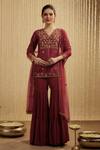 Buy_Mehak Murpana_Maroon Net Sequins, Embroidery V-neck Kurta Sharara Set _at_Aza_Fashions