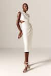 Manika Nanda_Ivory Lycra, Spandex Rhinestones High Neck Danica Cutout Midi Dress _Online_at_Aza_Fashions