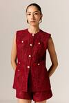 Manika Nanda_Deep Red Lace Waistcoat And Shorts Set _Online_at_Aza_Fashions