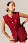 Buy_Manika Nanda_Deep Red Lace Waistcoat And Shorts Set _Online_at_Aza_Fashions