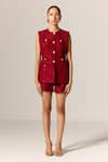 Shop_Manika Nanda_Deep Red Lace Waistcoat And Shorts Set _Online_at_Aza_Fashions