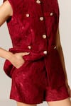 Manika Nanda_Deep Red Lace Waistcoat And Shorts Set _at_Aza_Fashions
