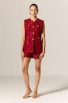 Buy_Manika Nanda_Deep Red Lace Waistcoat And Shorts Set _at_Aza_Fashions