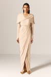 Buy_Manika Nanda_Beige Draped Cape Gown With Belt _Online_at_Aza_Fashions