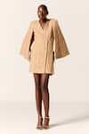 Buy_Manika Nanda_Beige Chantilly Lace Cape Blazer Dress _at_Aza_Fashions
