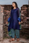 Buy_The Home Affair_Navy Chanderi, Cotton, Chiffon Embroidery Round Neck Kurta Set With Dupatta _Online_at_Aza_Fashions