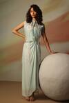 Buy_Vanshika Agarwal Label_Blue Satin Georgette Maxi Dress And Jacket Set _at_Aza_Fashions