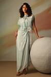 Vanshika Agarwal Label_Blue Satin Georgette Maxi Dress And Jacket Set _Online_at_Aza_Fashions