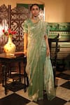 Shop_Midushi Bajoria_Teal Gold Silk Tissue Saree Set _at_Aza_Fashions