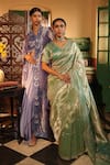 Shop_Midushi Bajoria_Teal Gold Silk Tissue Saree Set _Online_at_Aza_Fashions