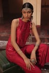 Shop_Midushi Bajoria_Red Silk Chanderi Tunic And Pant Set _Online_at_Aza_Fashions