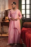 Buy_Midushi Bajoria_Pink Silk Chanderi Kurta Pant Set _at_Aza_Fashions