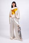 Buy_AK-OK_Cream Satin Embroidery Boat Neck Multi Color Top And Pant Set _at_Aza_Fashions