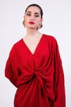 AK-OK_Red Silk Embroidery V-neck Draped Kaftan _Online_at_Aza_Fashions