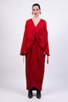 AK-OK_Red Silk Embroidery V-neck Draped Kaftan _at_Aza_Fashions