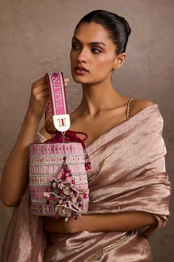 Shop_Tarun Tahiliani_Pink Embroidery, Tassels Ombre Potli Bag _Online_at_Aza_Fashions