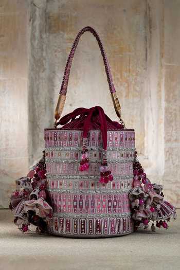 Shop_Tarun Tahiliani_Pink Embroidery, Tassels Ombre Potli Bag _at_Aza_Fashions
