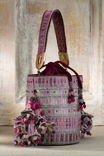 Tarun Tahiliani_Pink Embroidery, Tassels Ombre Potli Bag _at_Aza_Fashions