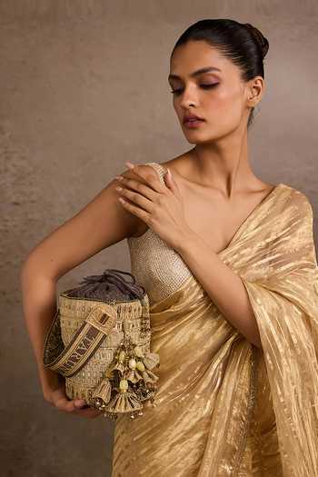 Buy_Tarun Tahiliani_Gold Tassels Embroidered Potli Handbag _Online_at_Aza_Fashions