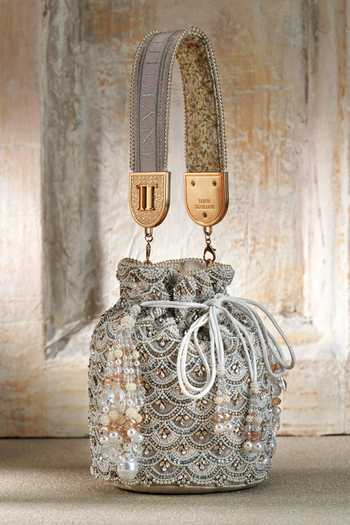 Shop_Tarun Tahiliani_Off White Embroidery, Pearls, Beads Beige Scallop Potli _at_Aza_Fashions