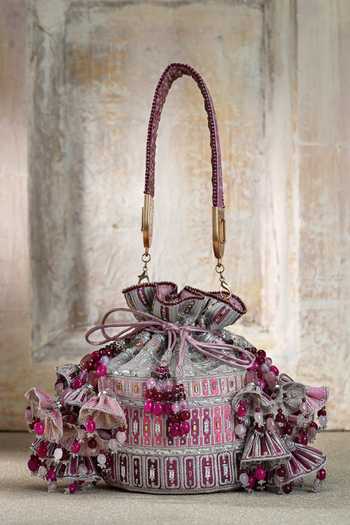 Shop_Tarun Tahiliani_Off White Embroidery, Tassels, Beads Pink Potli Bag _at_Aza_Fashions