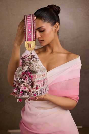 Buy_Tarun Tahiliani_Off White Embroidery, Tassels, Beads Pink Potli Bag _at_Aza_Fashions