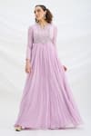 Buy_Mirroir_Lilac Chiffon, Viscose Sequins Split V-neck Purple Designer Maxi Dress _at_Aza_Fashions