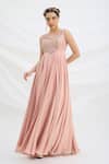 Mirroir_Peach Viscose, Crepe, Net Embroidery, Beads V-neck Pink Maxi Dress _Online_at_Aza_Fashions