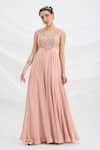 Buy_Mirroir_Peach Viscose, Crepe, Net Embroidery, Beads V-neck Pink Maxi Dress _at_Aza_Fashions