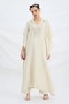 Shop_Mirroir_Beige Embroidered Kaftan And Pant Set _Online_at_Aza_Fashions