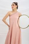 Mirroir_Peach Viscose, Crepe Embroidery One Shoulder Pink Draped Maxi Dress _at_Aza_Fashions