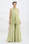 Buy_Mirroir_Green Chiffon, Linen Halter Neck Pista Kurta And Sharara Set _at_Aza_Fashions