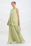 Mirroir_Green Chiffon, Linen Halter Neck Pista Kurta And Sharara Set _Online_at_Aza_Fashions