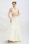 Buy_Mirroir_Beige Viscose, Net, Silk Sequins, Beads V-neck Embroidered Fusion Lehenga Set _at_Aza_Fashions